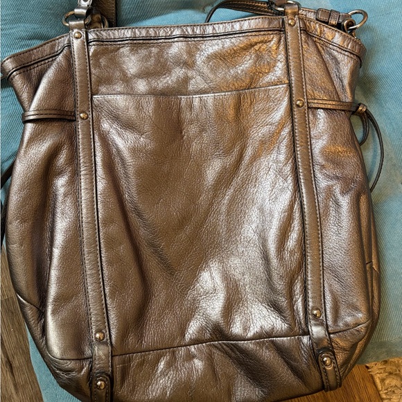Coach Audrey 19567 Cinched Medium North South Tote Silver Metallic Leather - Picture 5 of 12